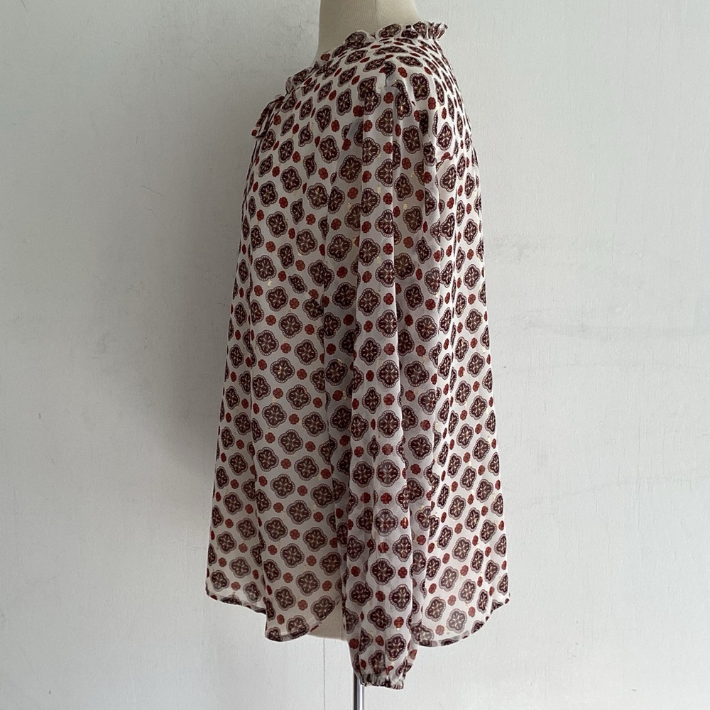 Talbots Flowy Red / White/ Damask Print Ruffle Neck Faux Button Tie Blouse XL - Picture 6 of 9